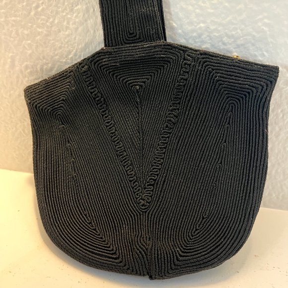 1940's Black Wristlet Purse - Small Boho Vintage - Cording Style Fabric - Picture 3 of 11